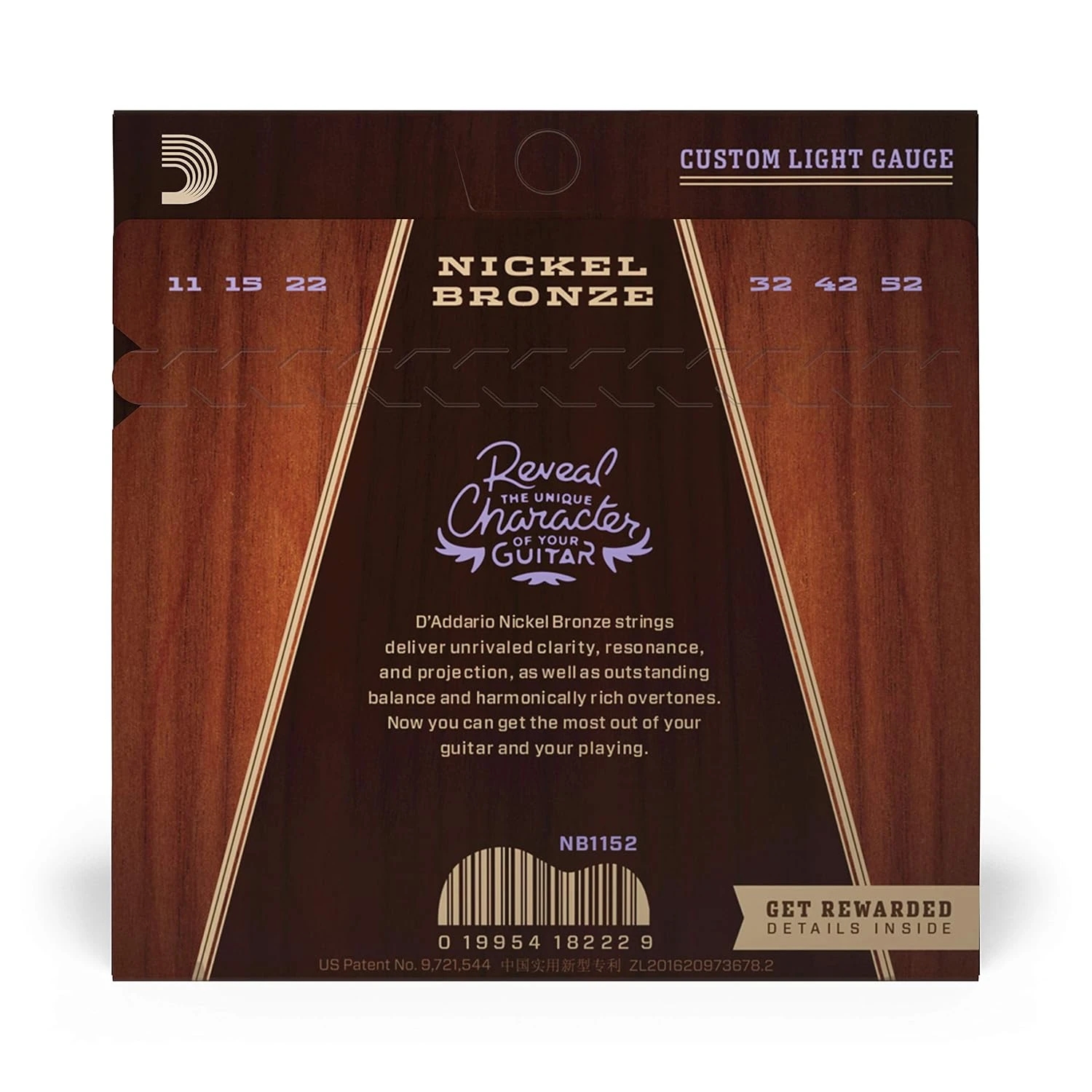D'Addario NB1152 Nickel Bronze Acoustic Guitar Strings Custom Light 11-52