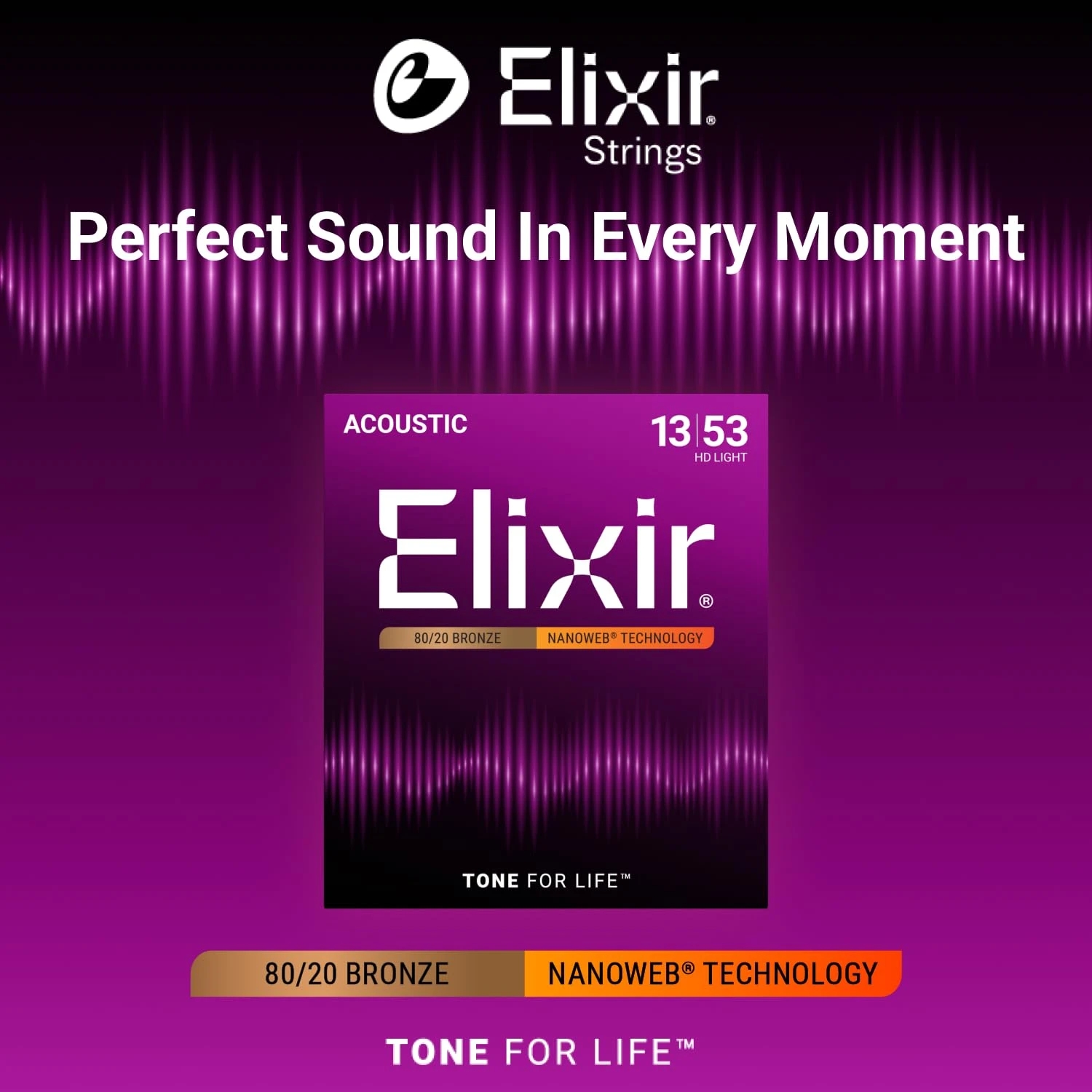 Elixir 11182 Acoustic 80/20 Bronze Strings NANOWEB Coating HD Light 13-53