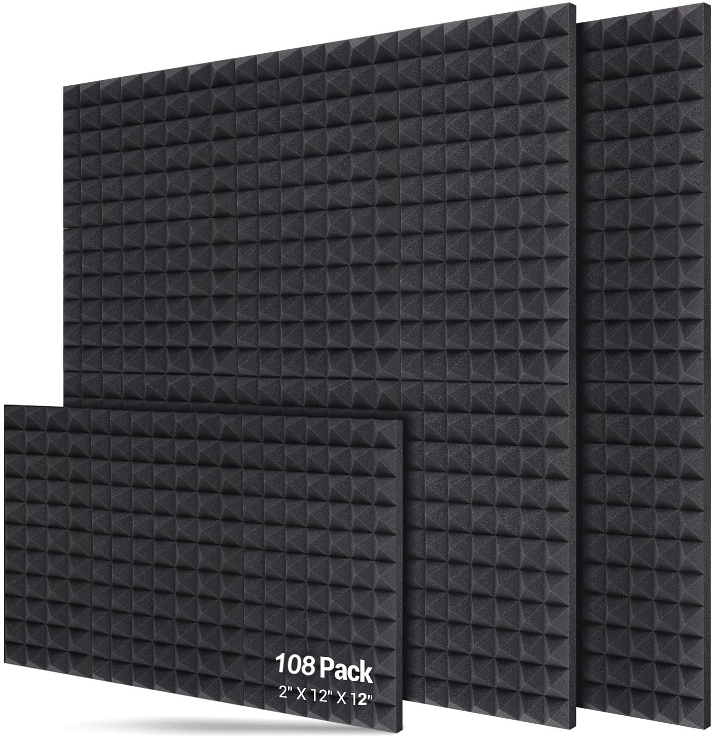 KS Studio 2x12x12 Pyramid Acoustic Foam Panels High Density 108 Pack - Black