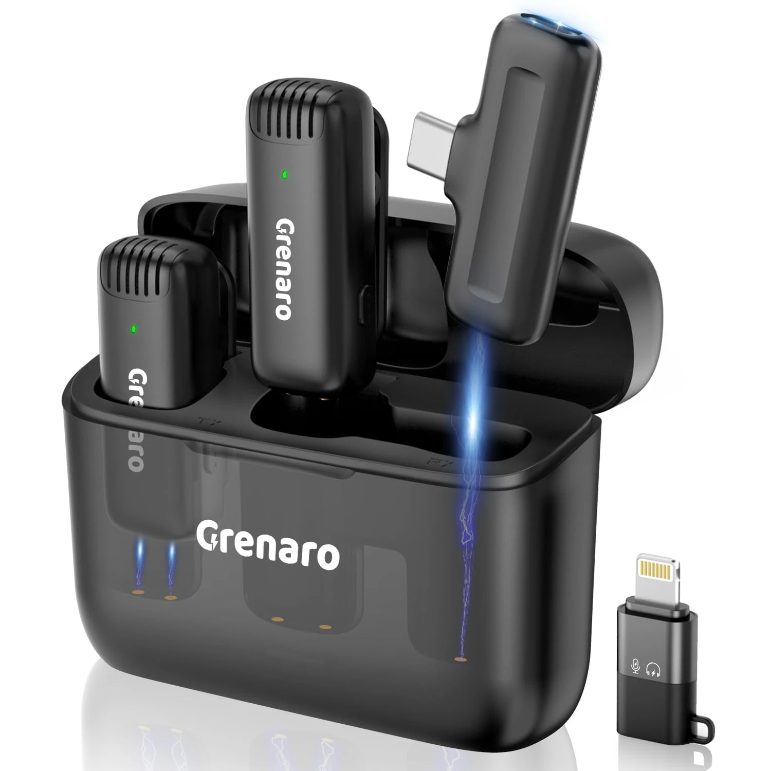 GRENARO J13 Wireless Lapel Microphone Set with Charging Case - Double Universal